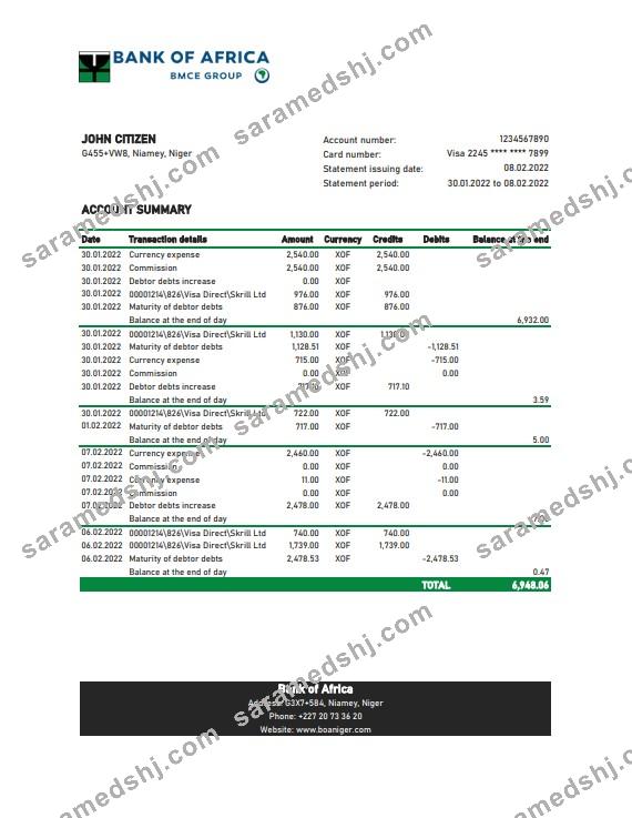Niger Bank of Africa bank statement Excel and PDF template